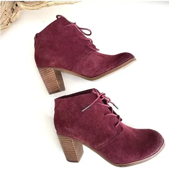TOMS Lunata Oxblood Suede Booties Block Heel Lace Up Ankle Boots Size 6 - Picture 2 of 9